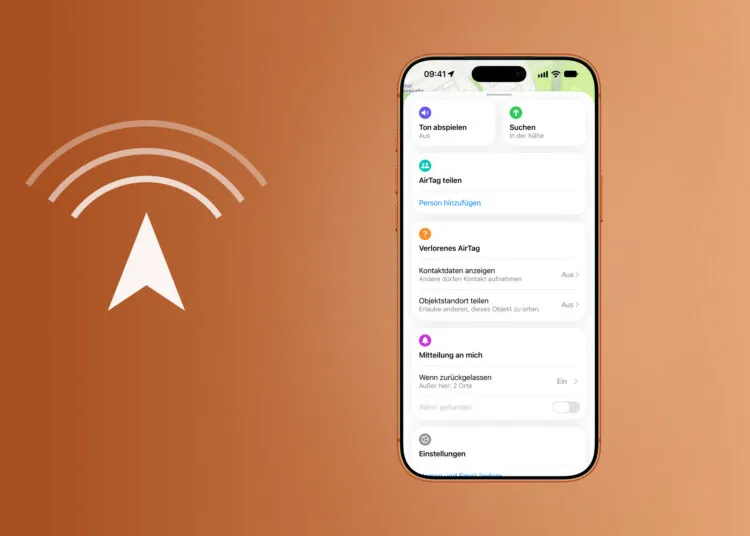 AirTag Genaue Suche in der Wo ist App: die Objektansicht mit den Tasten Ton abspielen und Suchen samt dem Zusatz In der Nähe