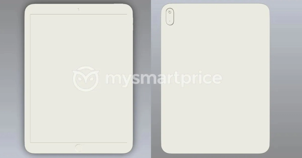 CAD-Rendering des iPad 10 von der Vorder- und Rückseite mit flachen Kanten und Touch ID Home-Taste