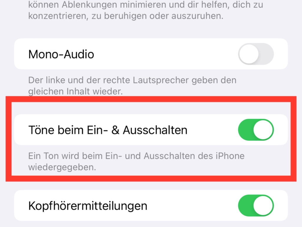 iPhone 14 Einstellungen für Ein- und Ausschalttöne in den Bedienungshilfen
