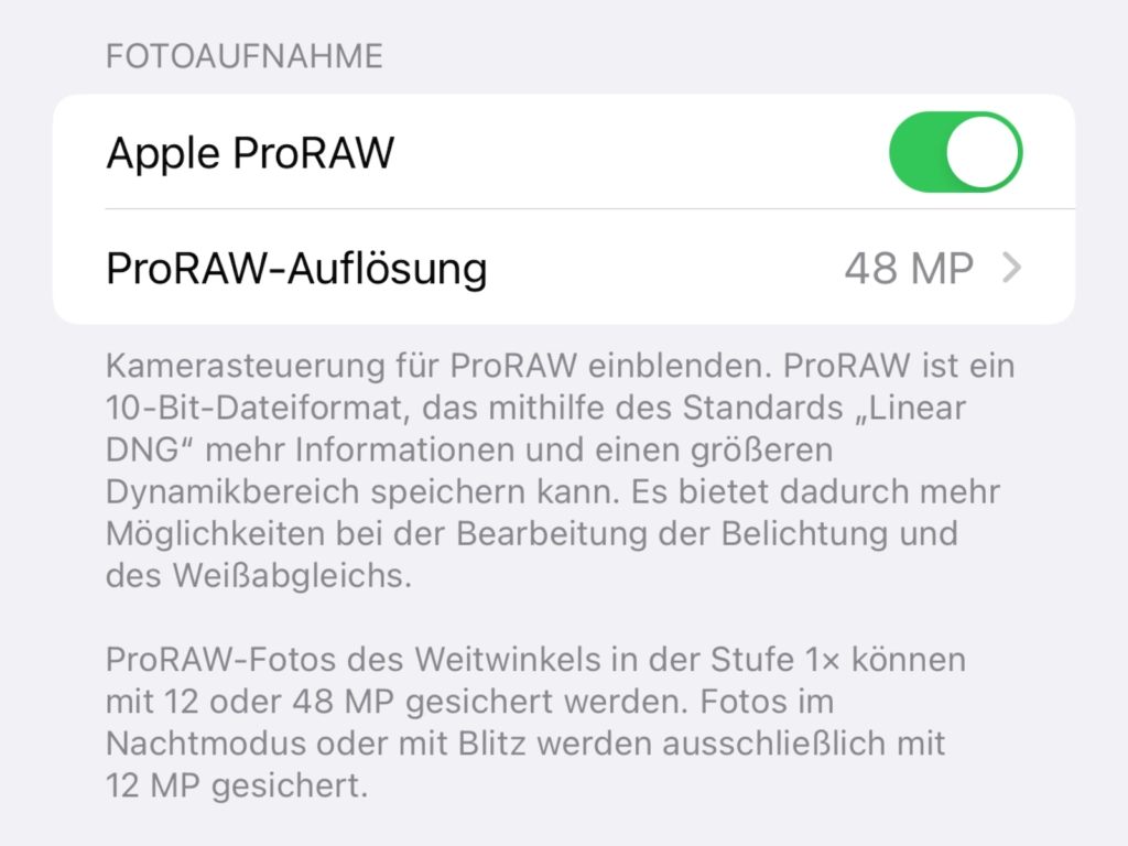 iPhone 14 Pro Max Kamera-App ProRAW 48MP aktivieren
