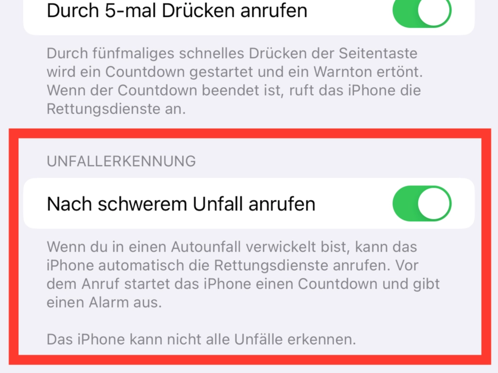 iPhone Einstellungen für die Unfallerkennung mit dem aktivierten Schalter Nach schwerem Unfall anrufen