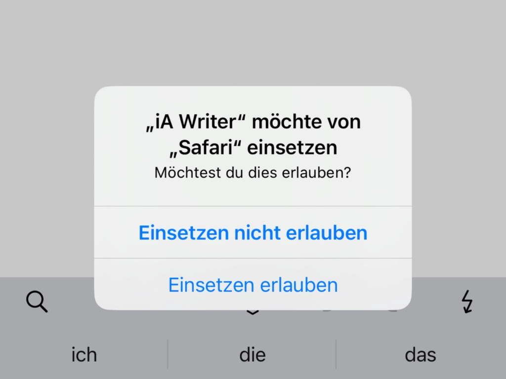 iOS 16 Zwischenablage Erlaubnis Dialogfeld für Kopieren und Einfügen bei iA Writer und Safari