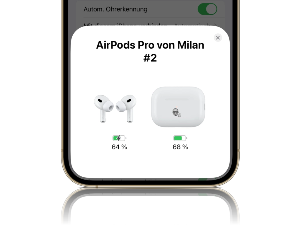 AirPods Pro 2 Ladehülle mit personalisierter Gravur wird auf einem iPhone-Bildschirm in iOS angezeigt.