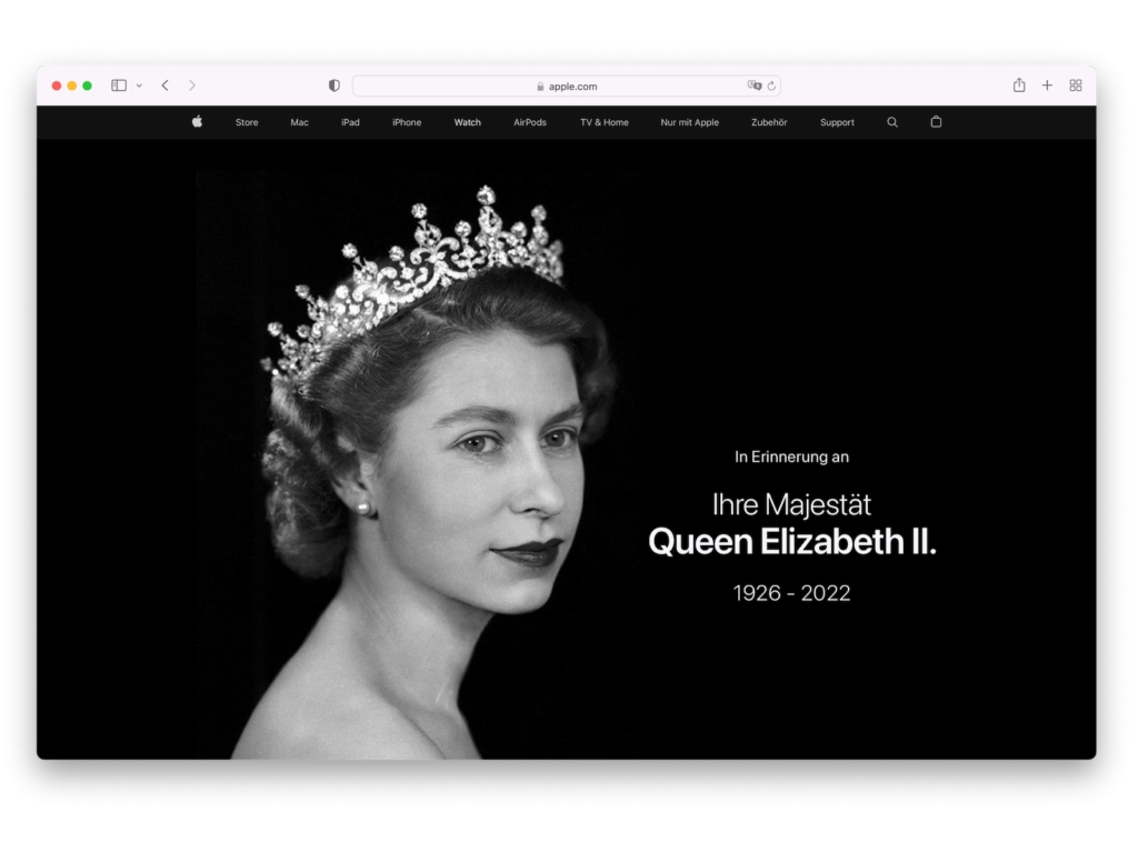 Schwarz-Weiß-Porträt von Queen Elizabeth II. auf der Apple-Homepage als Hommage