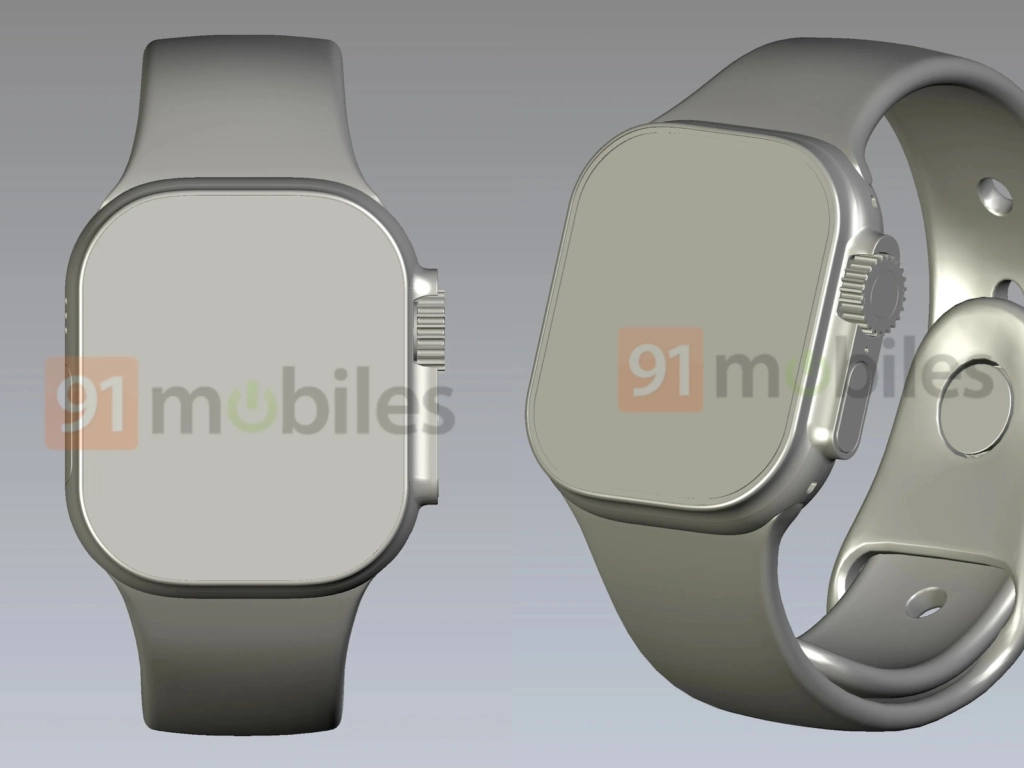 Apple Watch Pro Gehäuse Design mit flachem Display und robuster Digital Crown nach CAD Leaks von 91mobiles