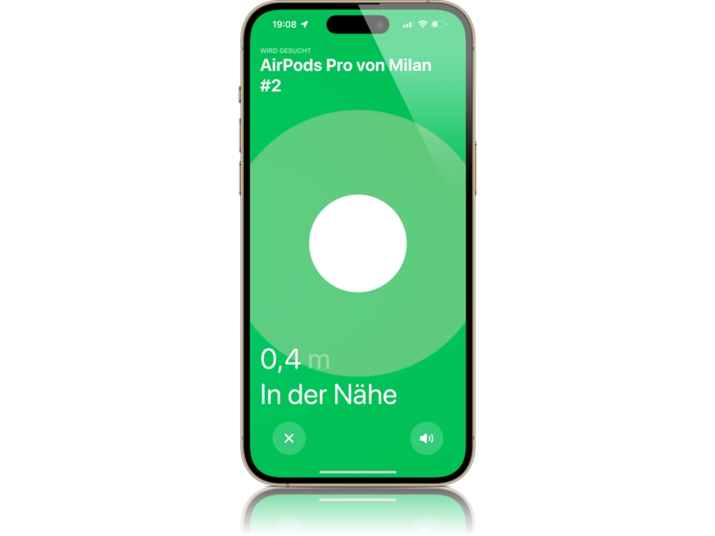 AirPods Pro 2 Präzise Suche Funktion auf dem iPhone Bildschirm mit Entfernungsangabe