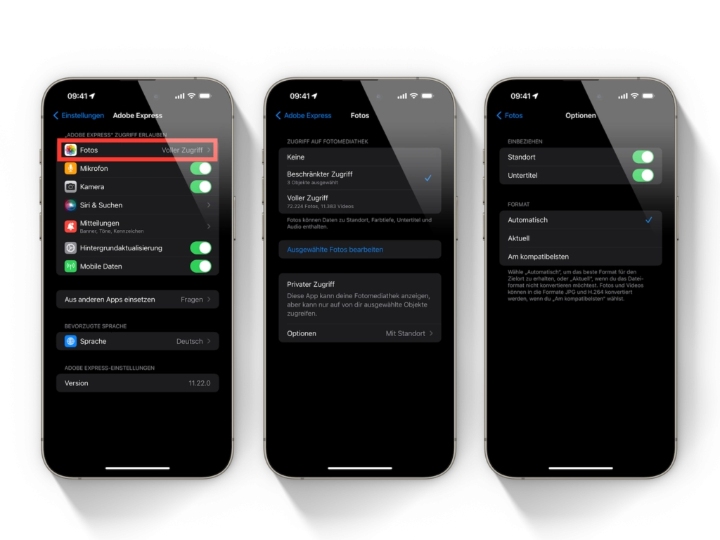 iOS 17 Einstellungen für App-Zugriff auf iPhone Fotos-Mediathek verwalten