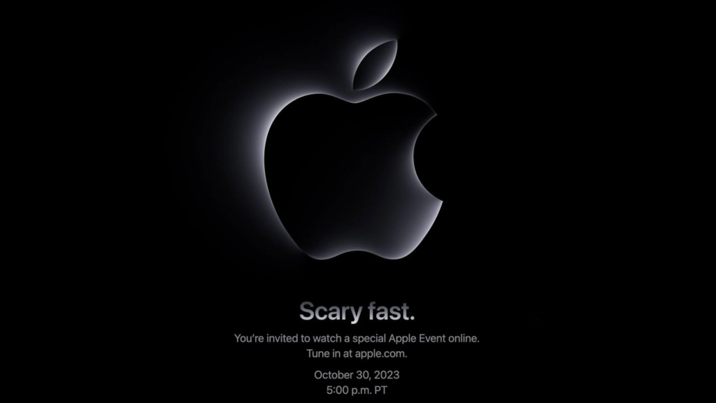 Apple Logo dunkel glänzend für das Mac Event Scary Fast Oktober 2023