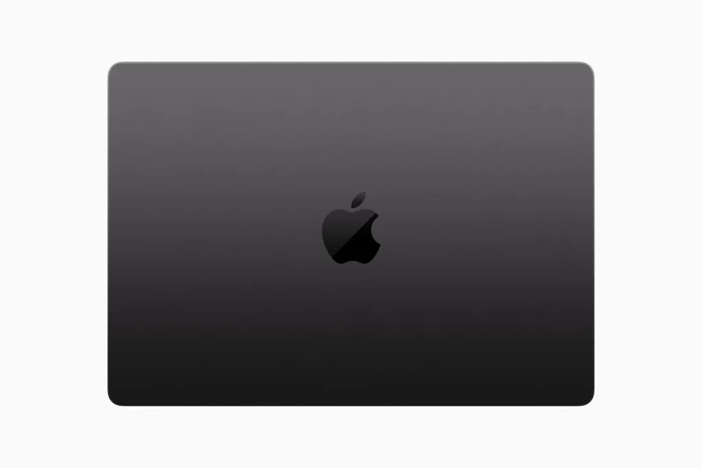 Draufsicht des neuen MacBook Pro M3 in Spaceschwarz mit Apple Logo