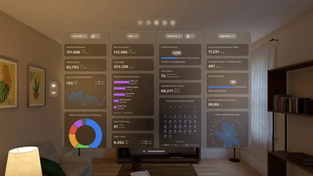 Apple Vision Pro zeigt die optimierte Numerics Produktivitäts-App mit Geschäftsstatistiken und Dashboards