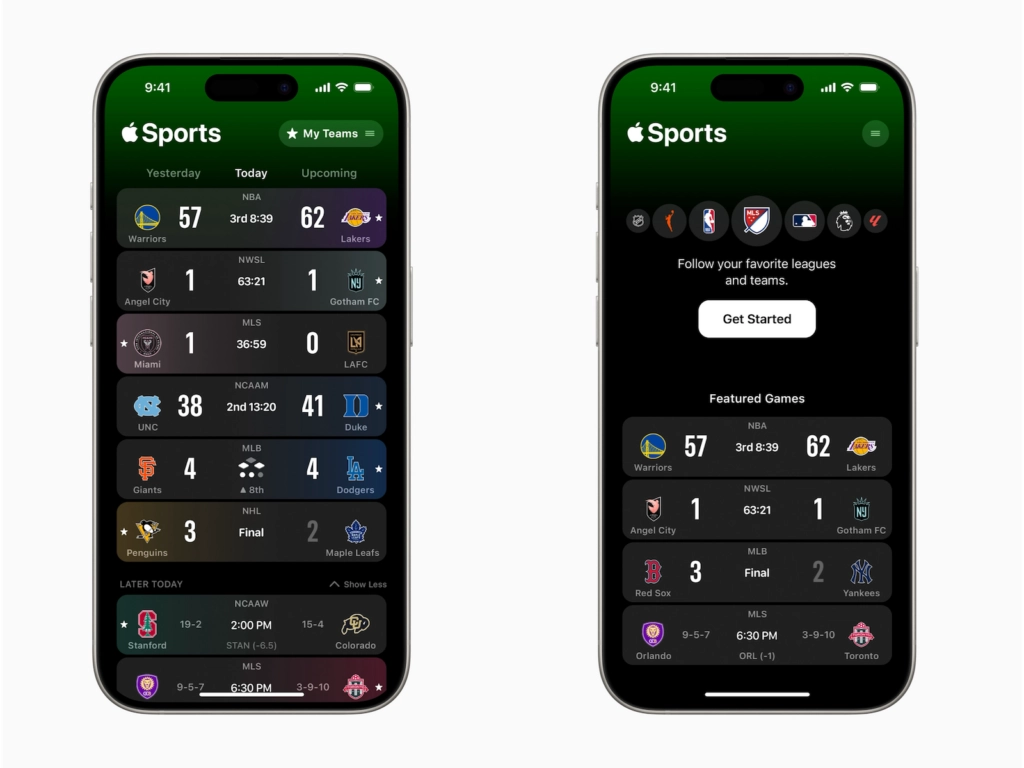 Apple Sports App auf dem iPhone mit Live-Spielständen und personalisierten Statistiken für Sportfans