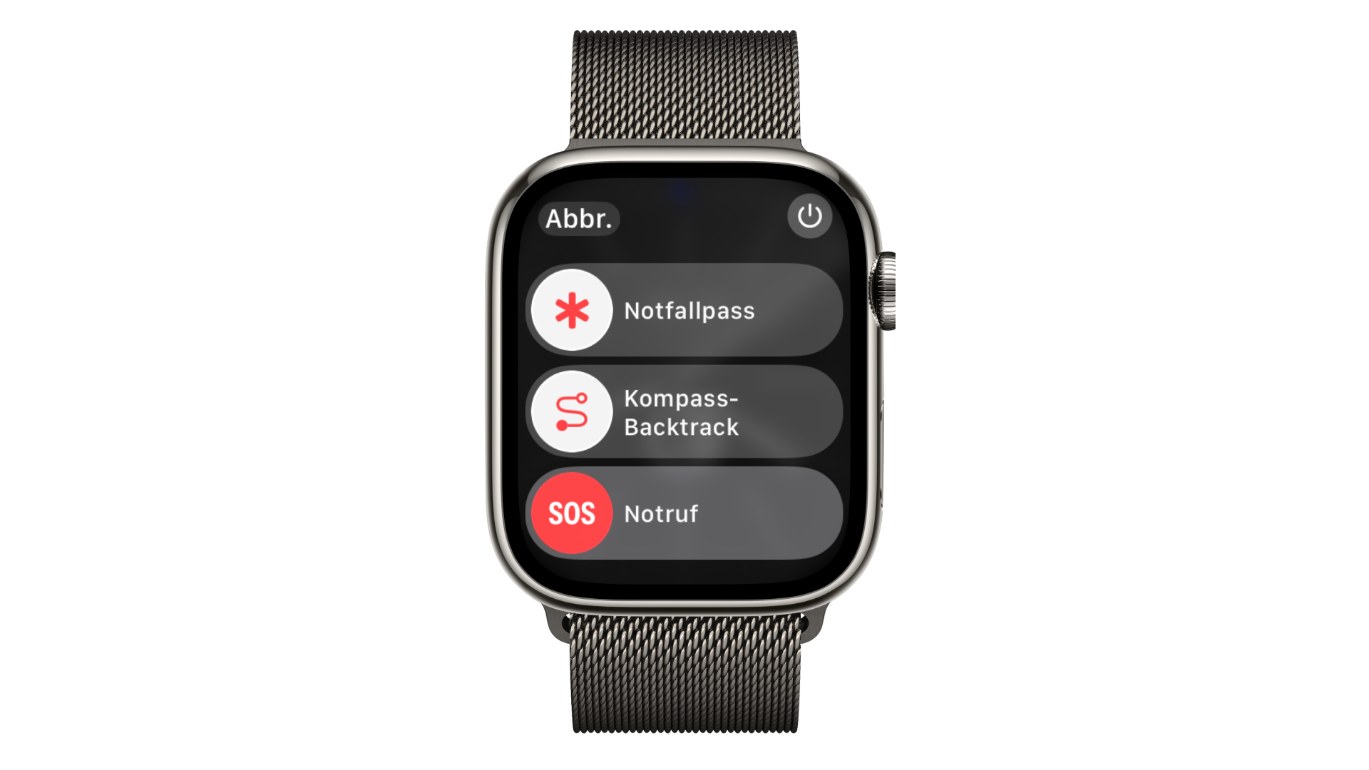 Apple Watch showing the power slider screen with the power symbol, Medical ID and Emergency SOS, the starting point for an Apple Watch restart