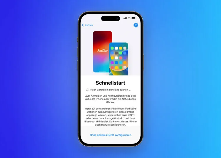 iPhone zeigt den Schnellstart-Bildschirm bei der Einrichtung mit der Suche nach Geräten in der Nähe