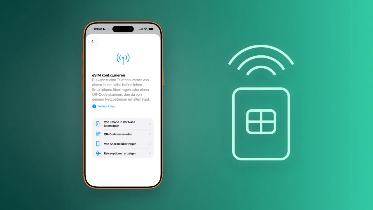 iPhone zeigt den Bildschirm eSIM konfigurieren, daneben eine gezeichnete SIM-Karte mit Funkwellen – eSIM auf dem iPhone einrichten