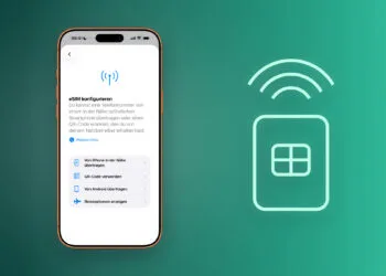 iPhone zeigt den Bildschirm eSIM konfigurieren, daneben eine gezeichnete SIM-Karte mit Funkwellen – eSIM auf dem iPhone einrichten