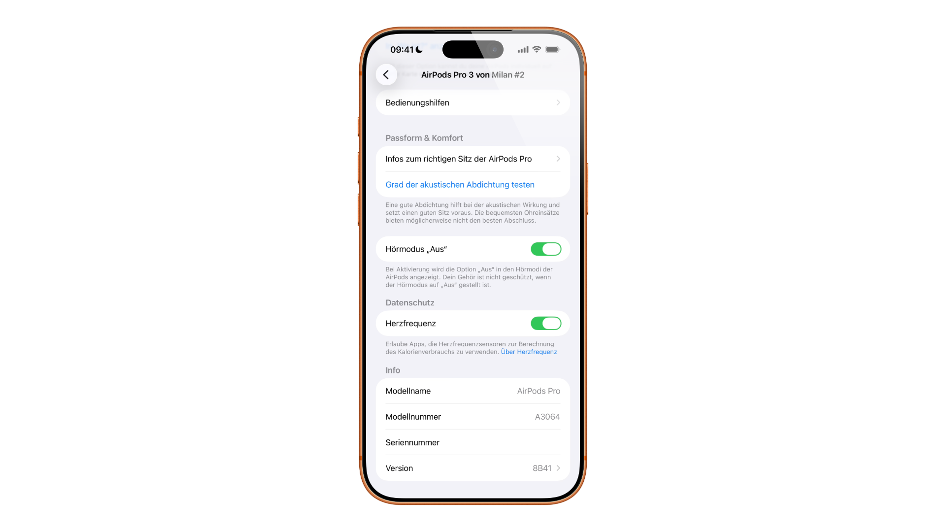 iPhone Bluetooth settings showing the AirPods info screen with the AirPods firmware version