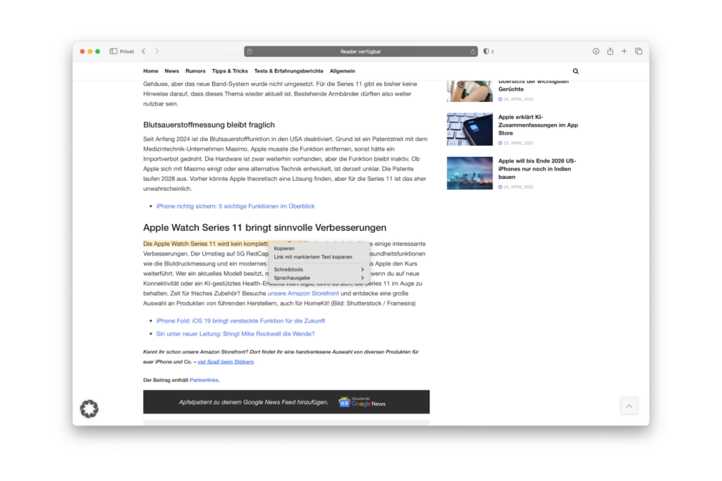 Safari Links zu markiertem Text kopieren