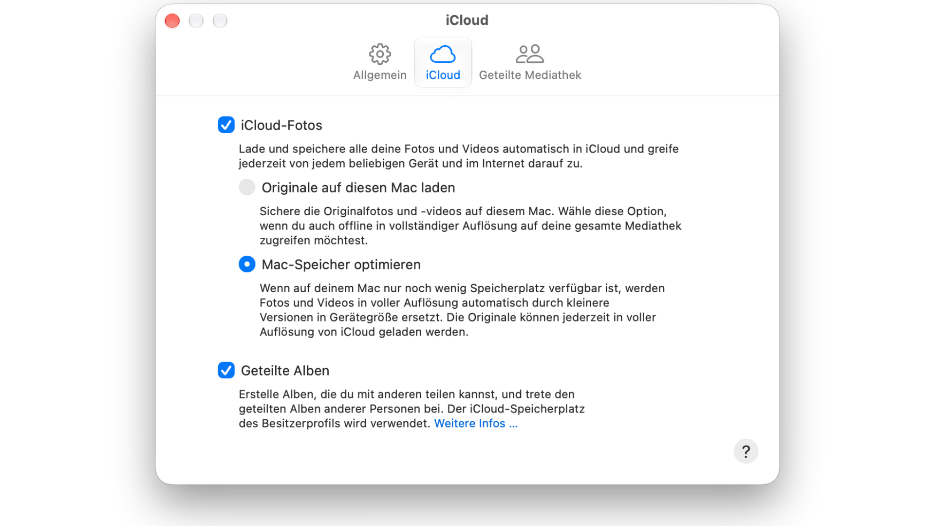 Freeing up MacBook storage via the Photos settings: iCloud Photos enabled with the option to optimise Mac storage selected