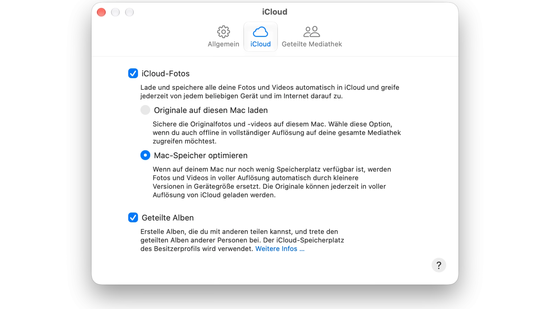 MacBook Speicherplatz freigeben über die Fotos-Einstellungen: iCloud-Fotos aktiviert und die Option Mac-Speicher optimieren ausgewählt