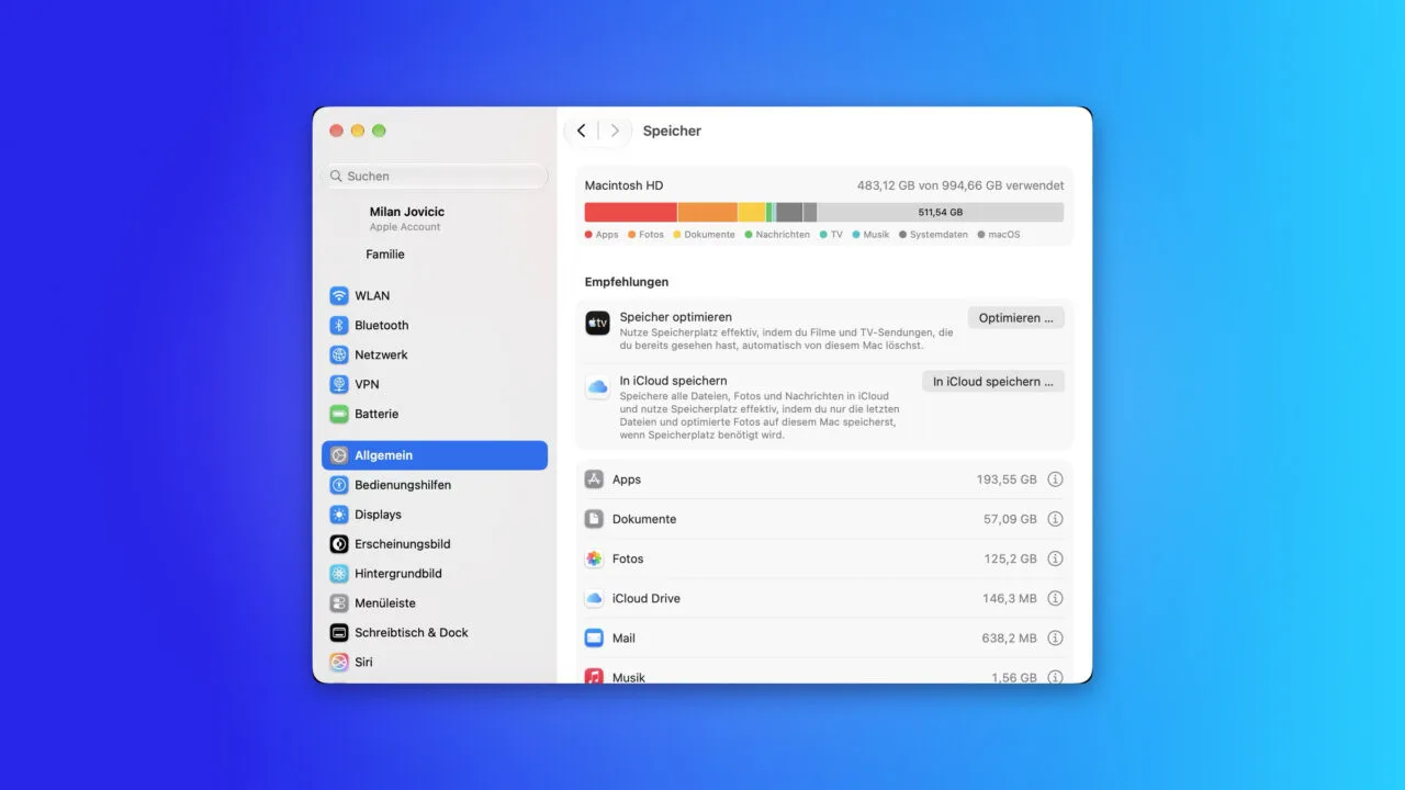MacBook Speicherplatz freigeben: die Speicherübersicht in den Systemeinstellungen mit Balkendiagramm, Empfehlungen und den Kategorien Apps, Dokumente und Fotos