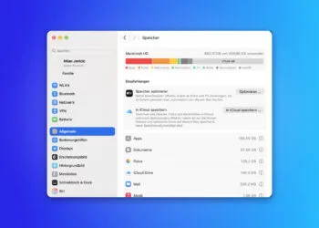 MacBook Speicherplatz freigeben: die Speicherübersicht in den Systemeinstellungen mit Balkendiagramm, Empfehlungen und den Kategorien Apps, Dokumente und Fotos