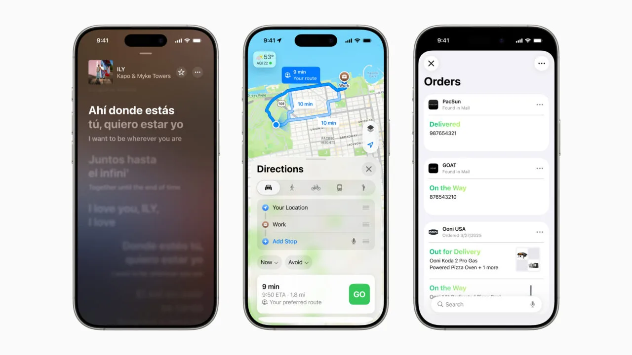 Drei iPhones zeigen Funktionen, die es in iOS 26 nur auf neuen iPhones gibt: Liedtexte in Apple Music, Routenplanung in Karten und die Bestellübersicht in Wallet