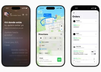 Drei iPhones zeigen Funktionen, die es in iOS 26 nur auf neuen iPhones gibt: Liedtexte in Apple Music, Routenplanung in Karten und die Bestellübersicht in Wallet