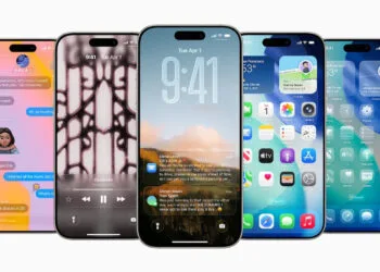 Fünf iPhones zeigen die Neuerungen von iOS 26: Sperrbildschirm und Home-Bildschirm im Liquid-Glass-Design, ein Chatverlauf in Nachrichten und der überarbeitete Musikplayer