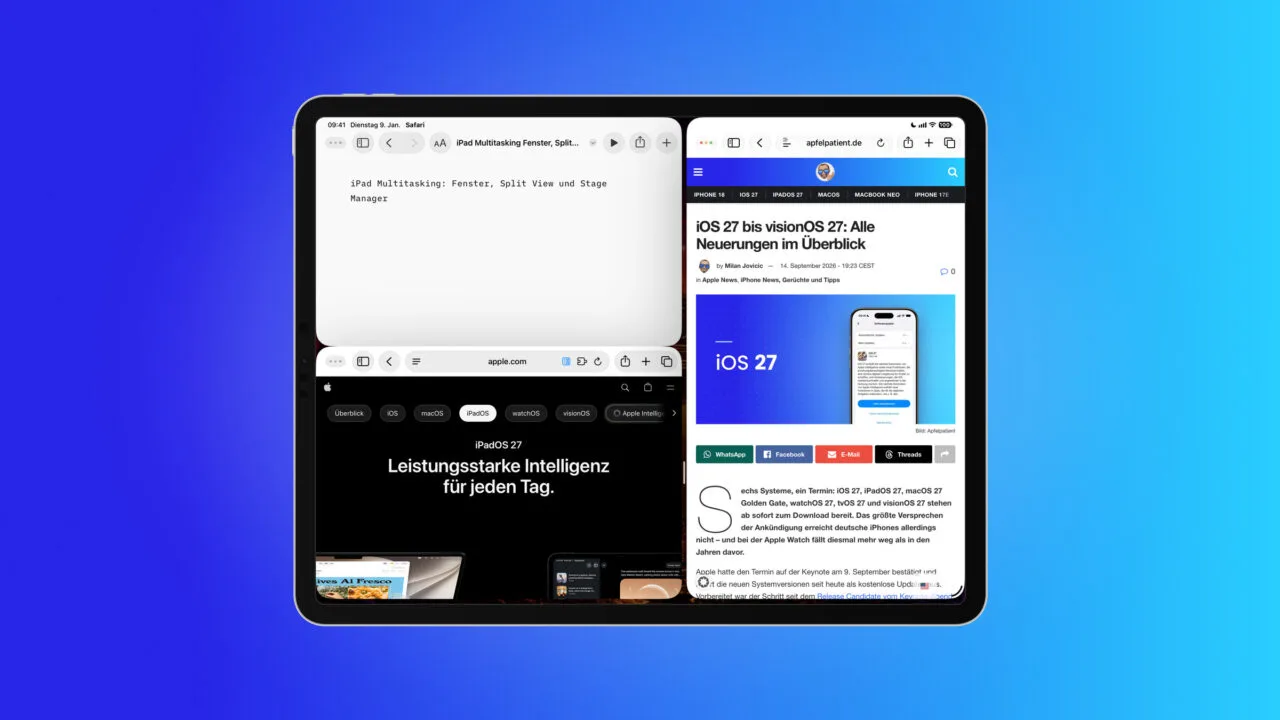 iPad Multitasking mit drei geöffneten Fenstern nebeneinander: zwei Safari-Fenster mit einer Website und der Apple-Seite zu iPadOS 27