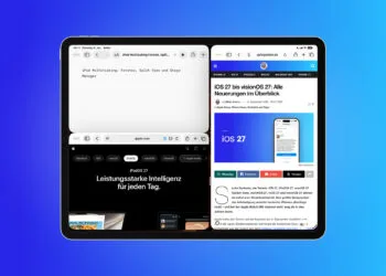 iPad Multitasking mit drei geöffneten Fenstern nebeneinander: zwei Safari-Fenster mit einer Website und der Apple-Seite zu iPadOS 27