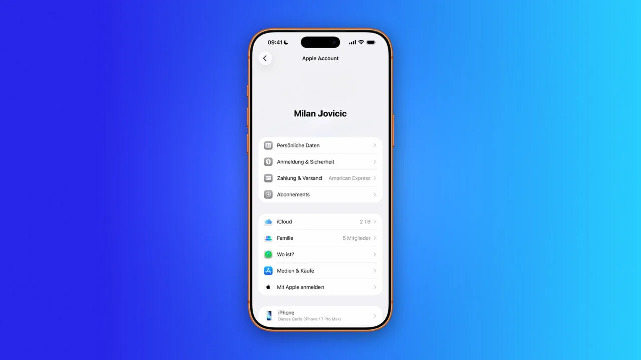 Apple Account erstellen: Übersichtsseite des Apple Accounts in den iPhone-Einstellungen mit Anmeldung, Zahlung, iCloud und Familie
