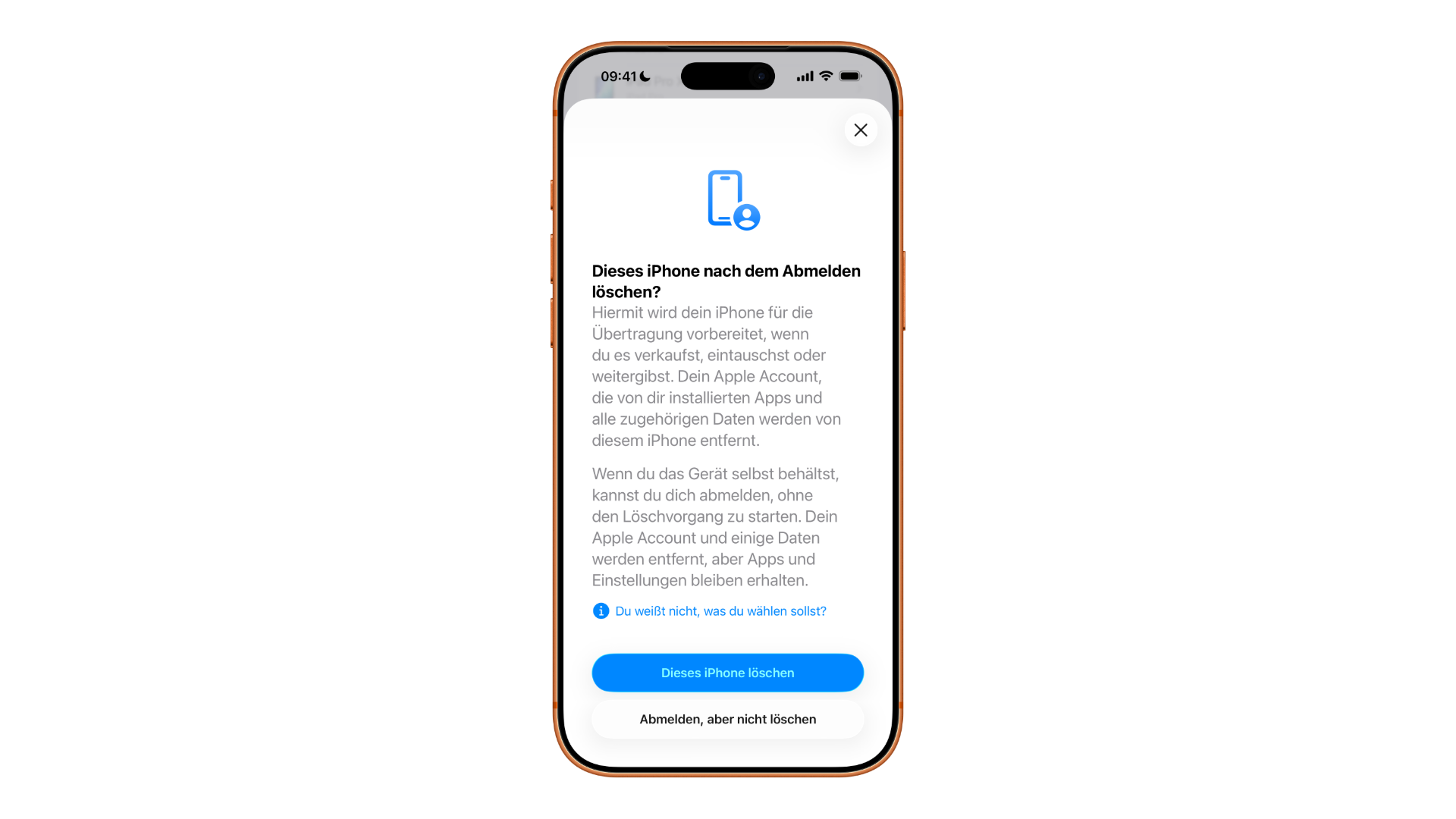 Create, change and delete Apple Account: iPhone sign-out dialog asking whether to keep a copy of iCloud data on the device