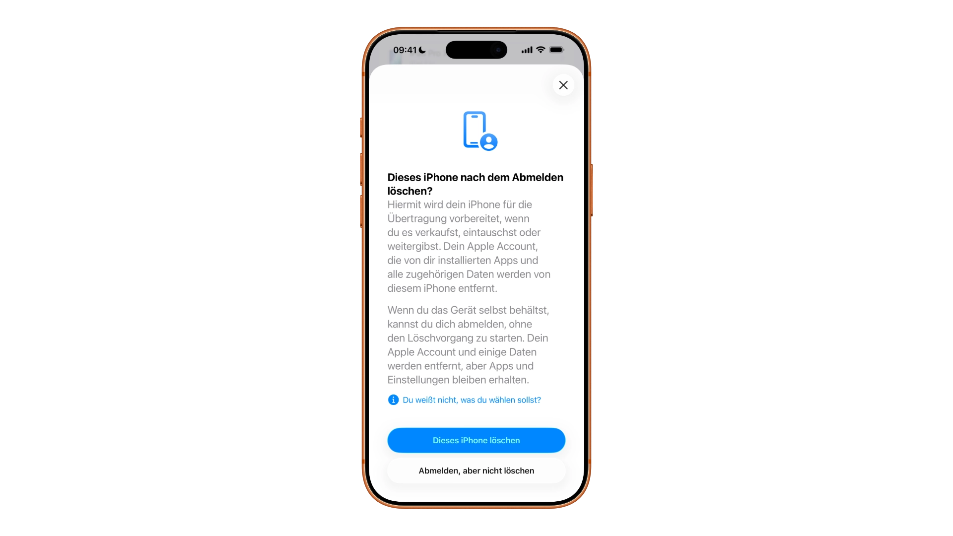 Apple Account erstellen, ändern und löschen: Abmelde-Dialog auf dem iPhone mit der Frage, ob eine Kopie der iCloud-Daten auf dem Gerät bleiben soll