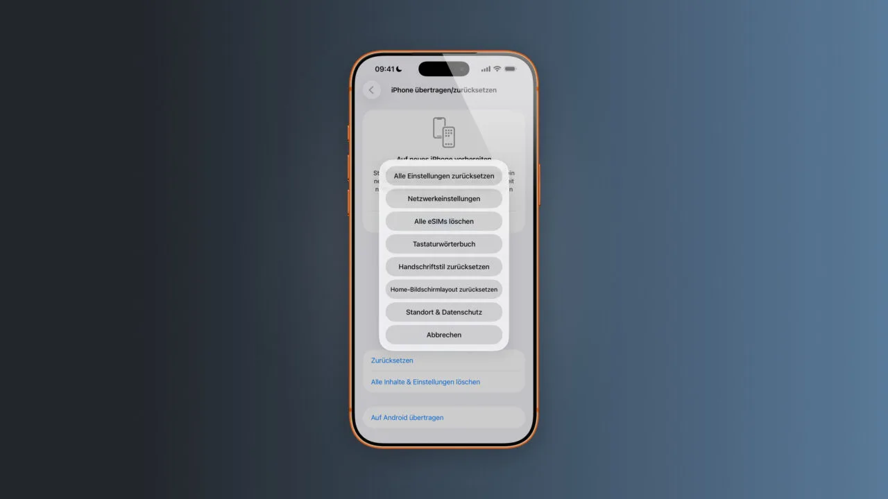 iPhone zurücksetzen: Auswahlmenü mit sieben Optionen von Alle Einstellungen bis Standort und Datenschutz