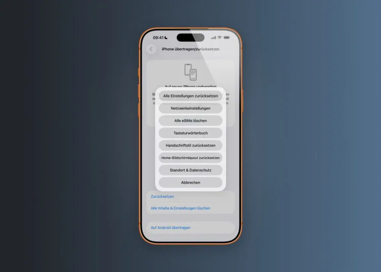 iPhone zurücksetzen: Auswahlmenü mit sieben Optionen von Alle Einstellungen bis Standort und Datenschutz