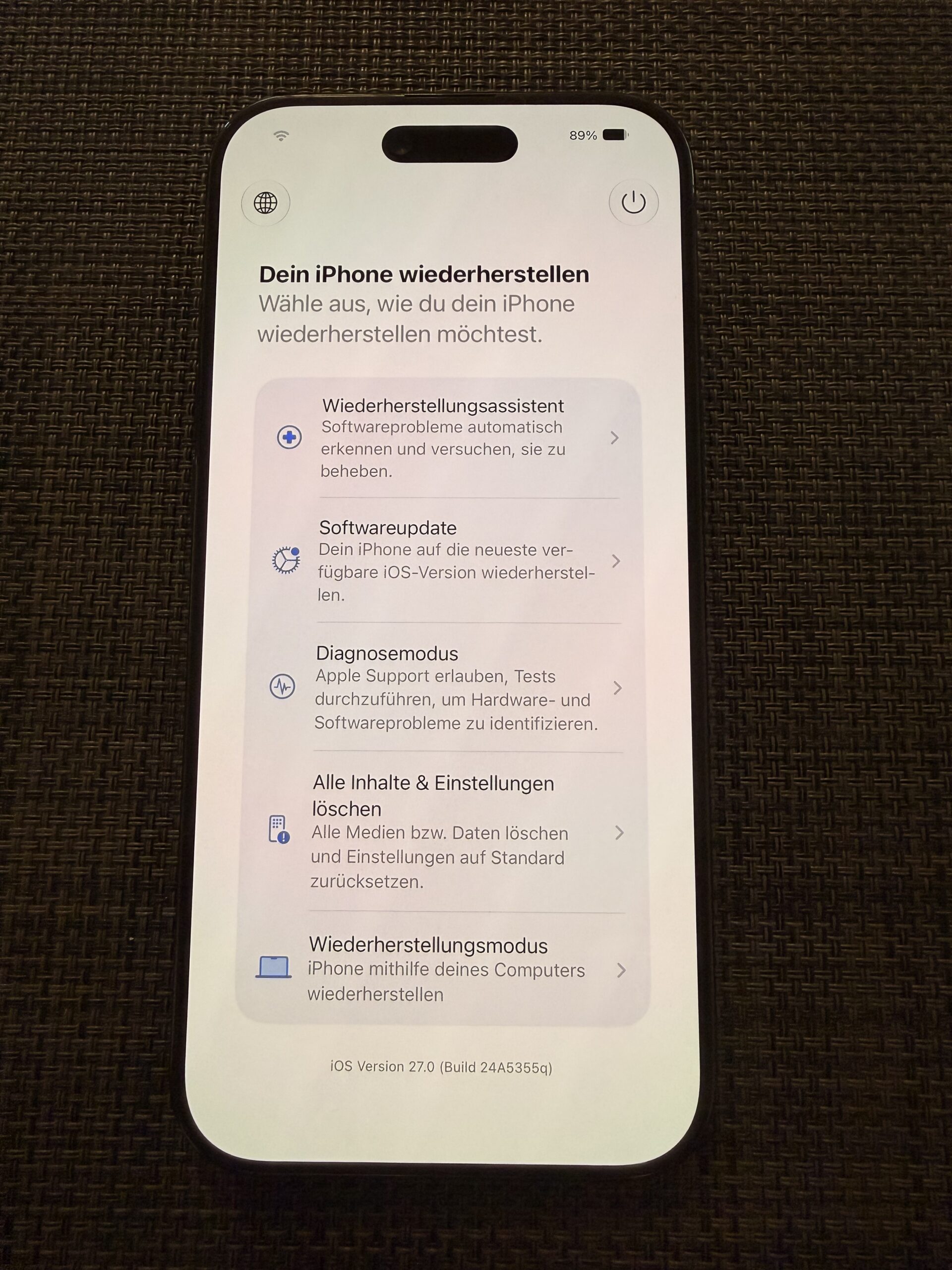 Reset iPhone: the "Restore your iPhone" screen showing five recovery options on an iPhone