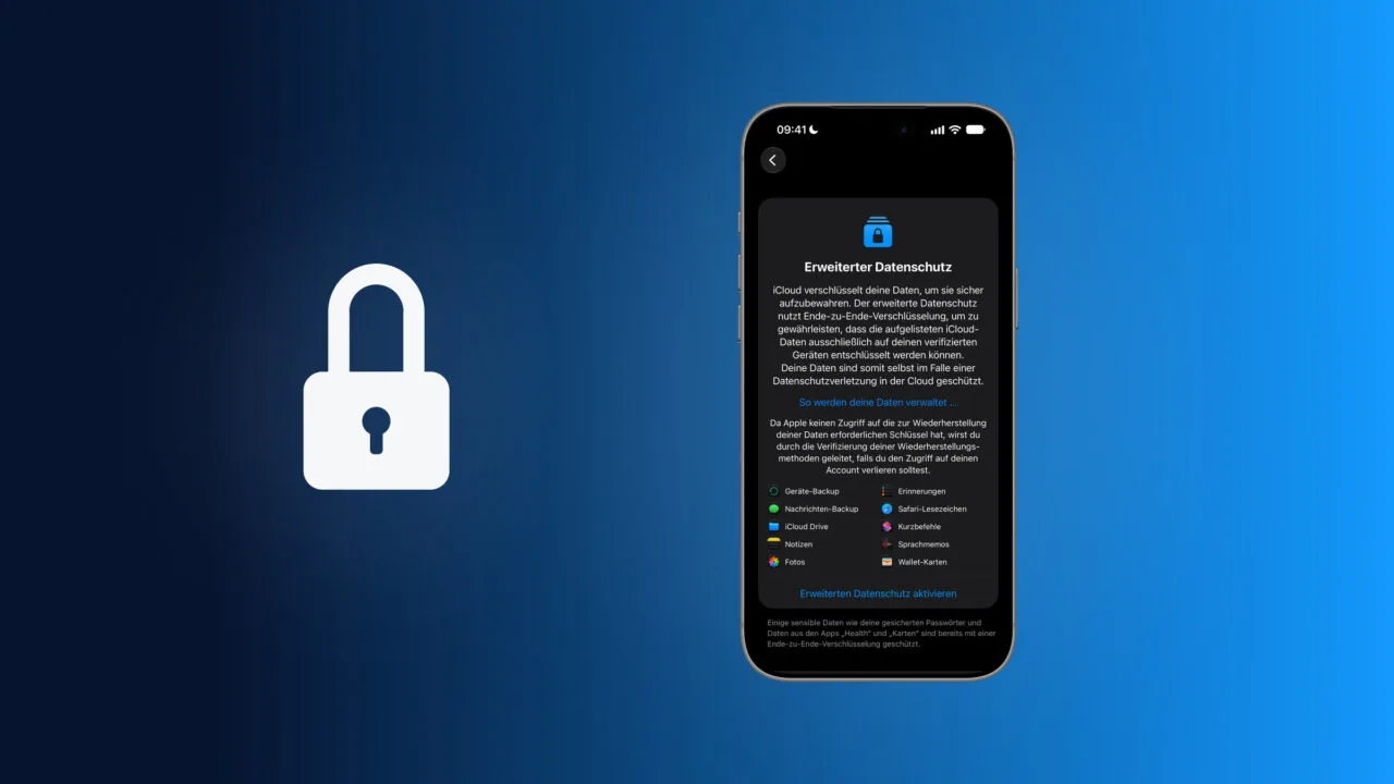 Erweiterter Datenschutz iCloud: iPhone mit der Einstellungsseite Erweiterter Datenschutz, Liste der geschützten Daten und Eintrag Erweiterten Datenschutz aktivieren, daneben ein Vorhängeschloss