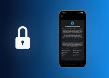 Erweiterter Datenschutz iCloud: iPhone mit der Einstellungsseite Erweiterter Datenschutz, Liste der geschützten Daten und Eintrag Erweiterten Datenschutz aktivieren, daneben ein Vorhängeschloss