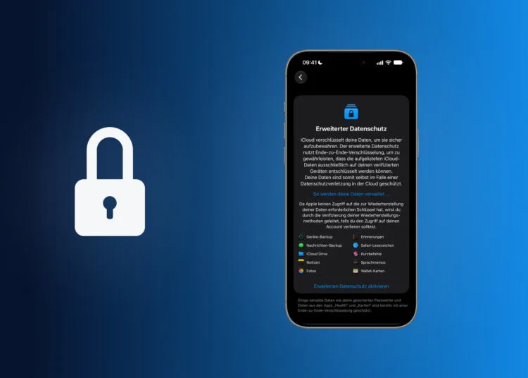Erweiterter Datenschutz iCloud: iPhone mit der Einstellungsseite Erweiterter Datenschutz, Liste der geschützten Daten und Eintrag Erweiterten Datenschutz aktivieren, daneben ein Vorhängeschloss