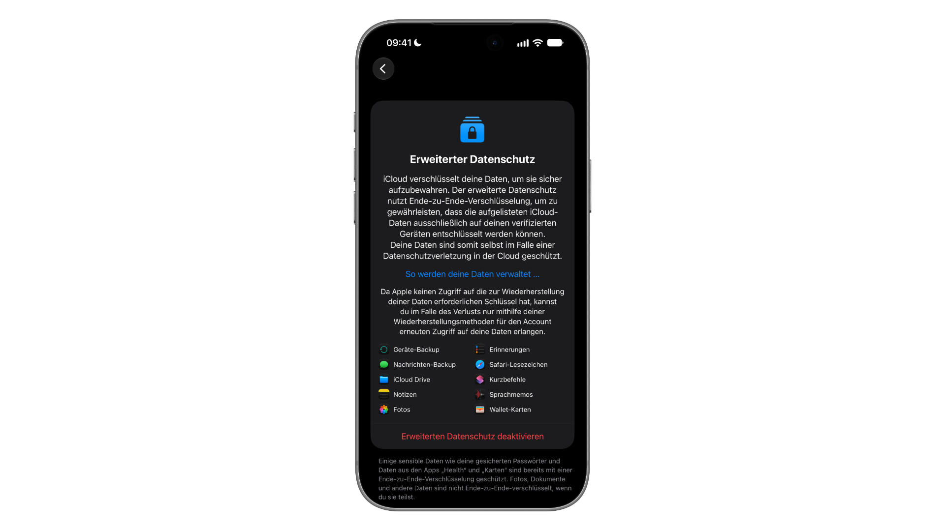 Advanced Data Protection for iCloud: enabled settings page listing the protected data, with the red Turn Off Advanced Data Protection entry