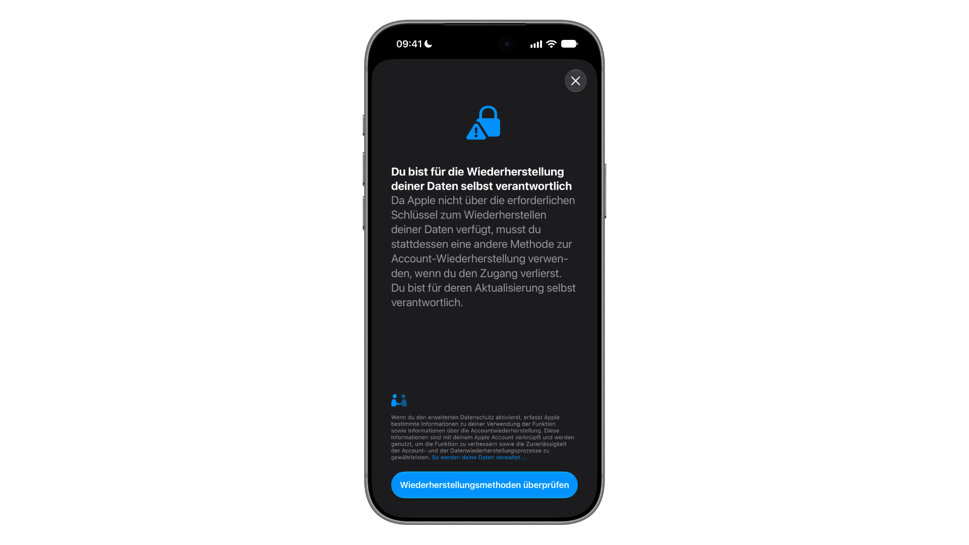 Advanced Data Protection for iCloud: notice that you are responsible for your data recovery, with the Review Recovery Methods button
