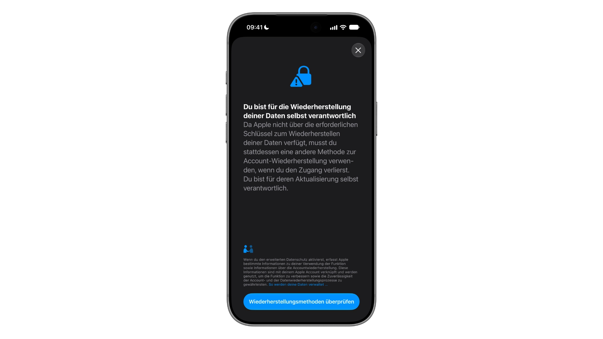 Erweiterter Datenschutz für iCloud: Hinweis Du bist für die Wiederherstellung deiner Daten selbst verantwortlich mit der Schaltfläche Wiederherstellungsmethoden überprüfen