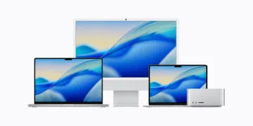 Vier Macs mit Apple Silicon nebeneinander: zwei MacBook Pro, ein iMac und ein Mac Studio