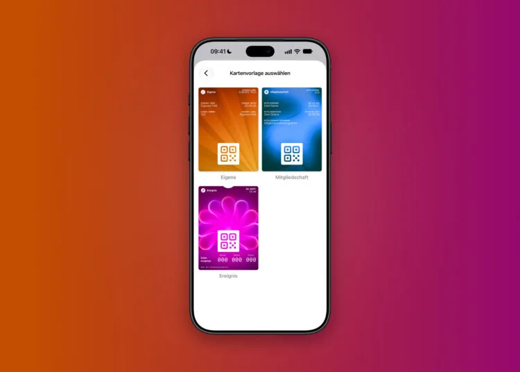 Create a Pass in iOS 27: Auswahl der Kartenvorlagen Eigene, Mitgliedschaft und Ereignis in der Wallet-App