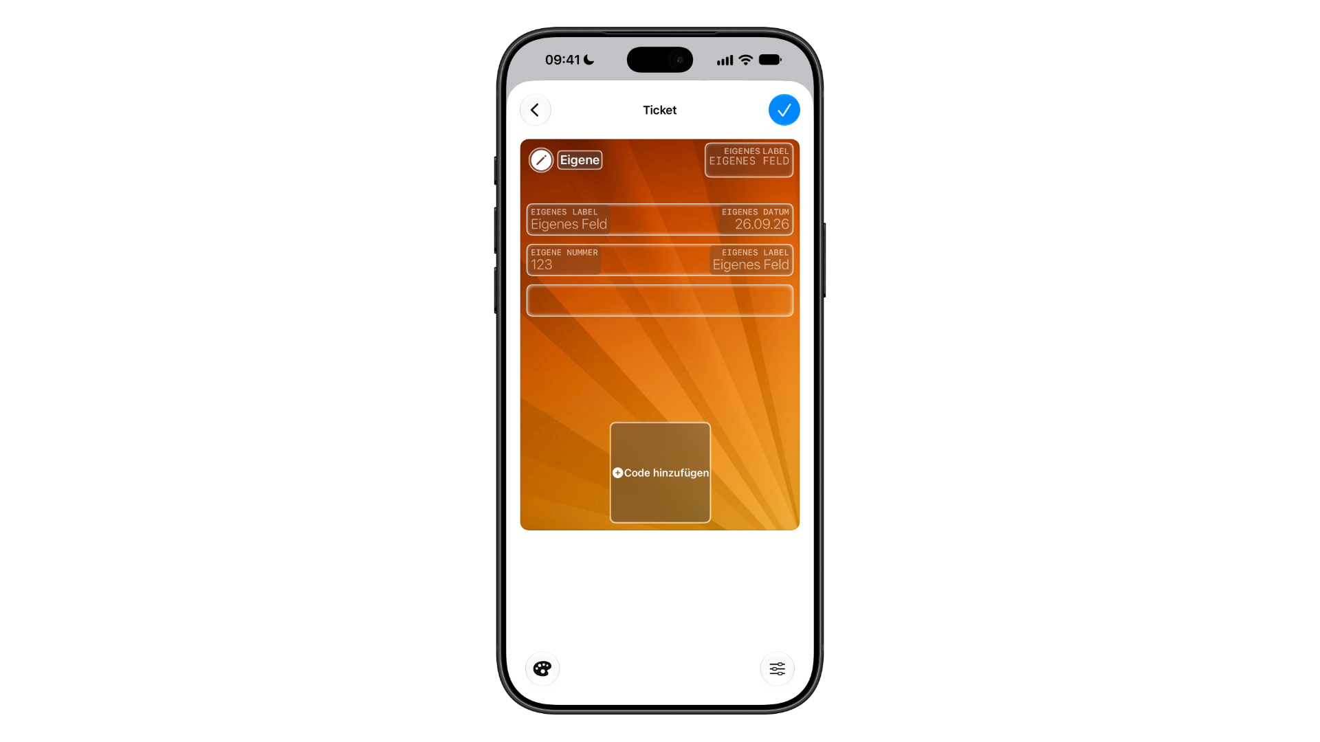 Create a Pass: editor for the Custom template with editable fields and the “Add Code” field for a barcode or QR code