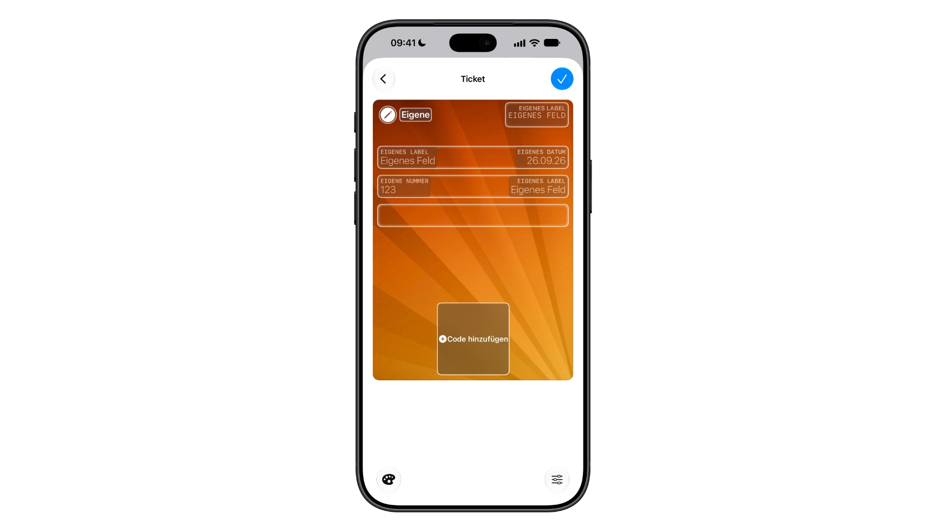 Create a Pass: Editor der Vorlage „Eigene“ mit anpassbaren Feldern und dem Feld „Code hinzufügen“ für Barcode oder QR-Code