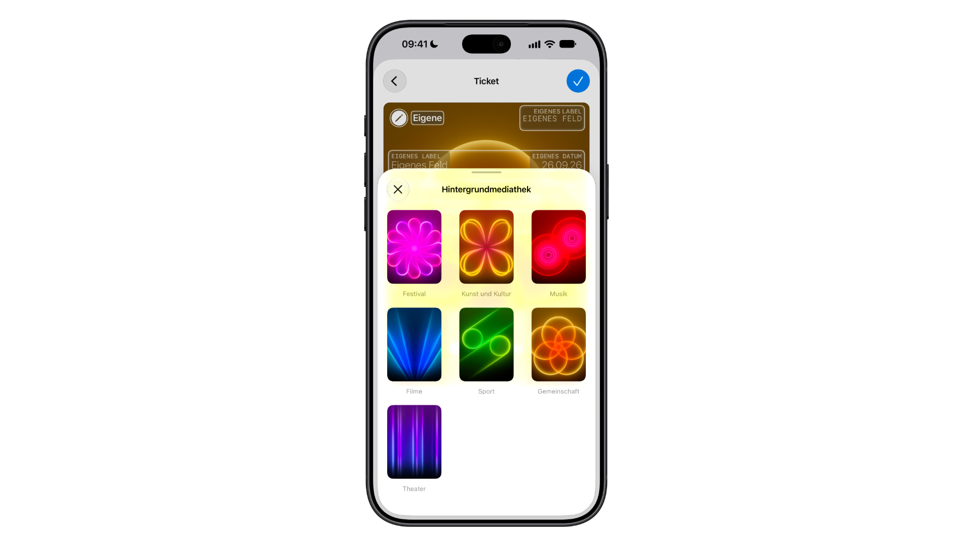 Create a Pass: background library in the Wallet app with seven designs from Festival to Theater