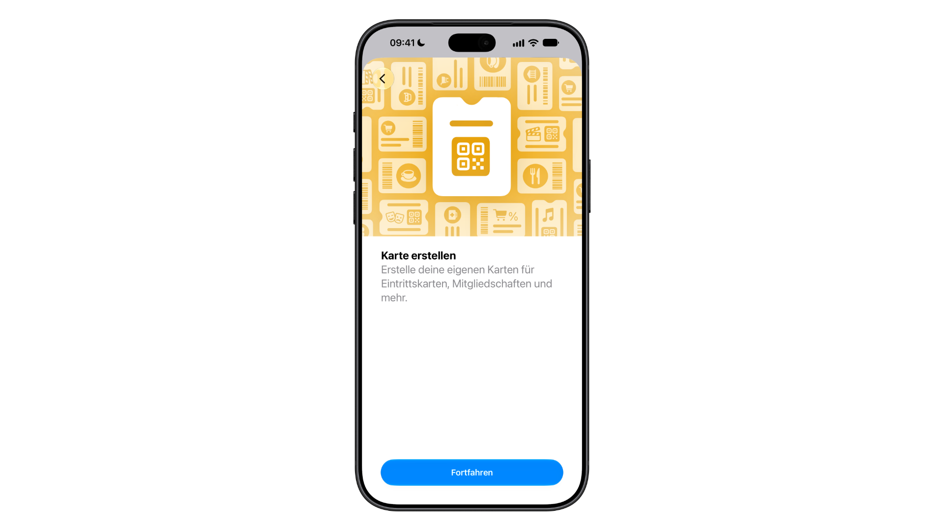 Create a Pass start screen in the Wallet app with the “Create Card” option and the “Continue” button