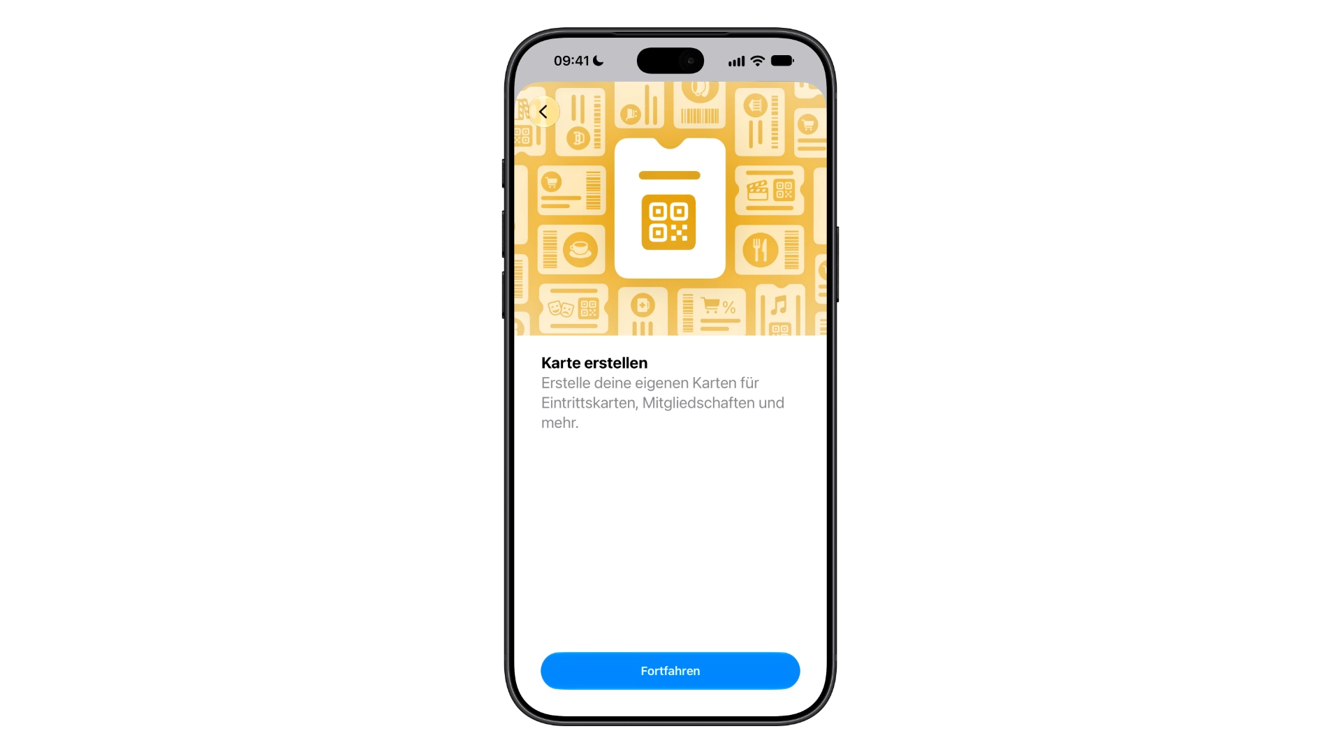 Einstiegsbildschirm von Create a Pass in der Wallet-App mit der Option „Karte erstellen“ und der Schaltfläche „Fortfahren“