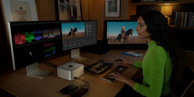 Arbeitsplatz mit Mac Studio und drei externen Displays, eine Person bearbeitet Video an Tastatur und Farbkorrektur-Panel